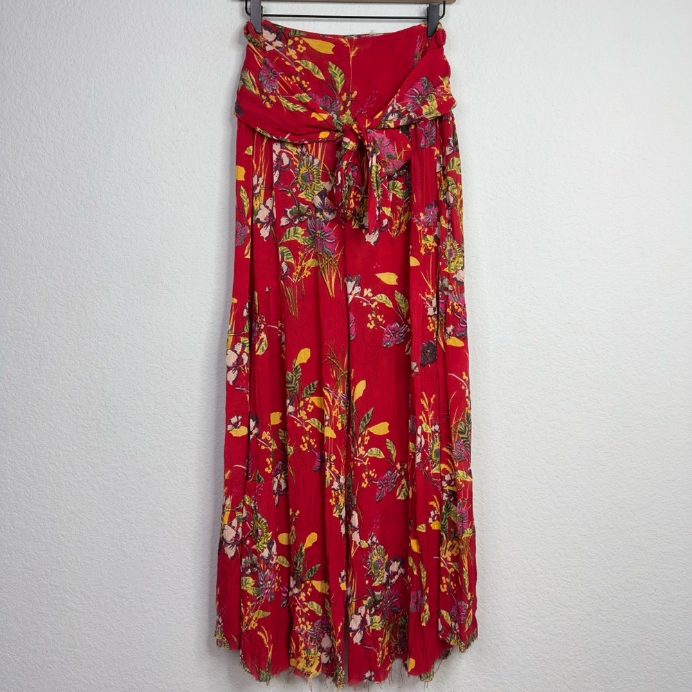 FP One Pants Womens M Red Aloha Floral Tie Waist Wide Leg Boho Resort Vacation